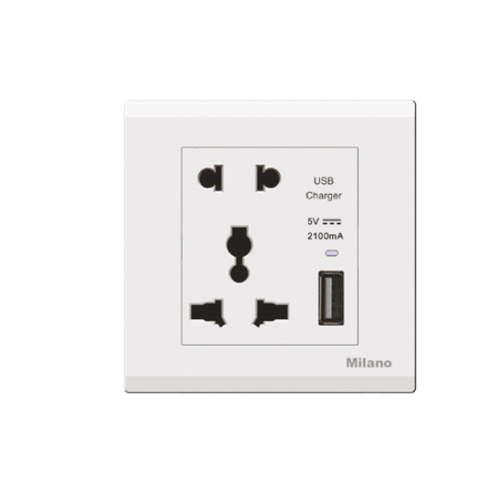 Milano 16A Universal Socket(2pin plus 3pin) with 2.1A U