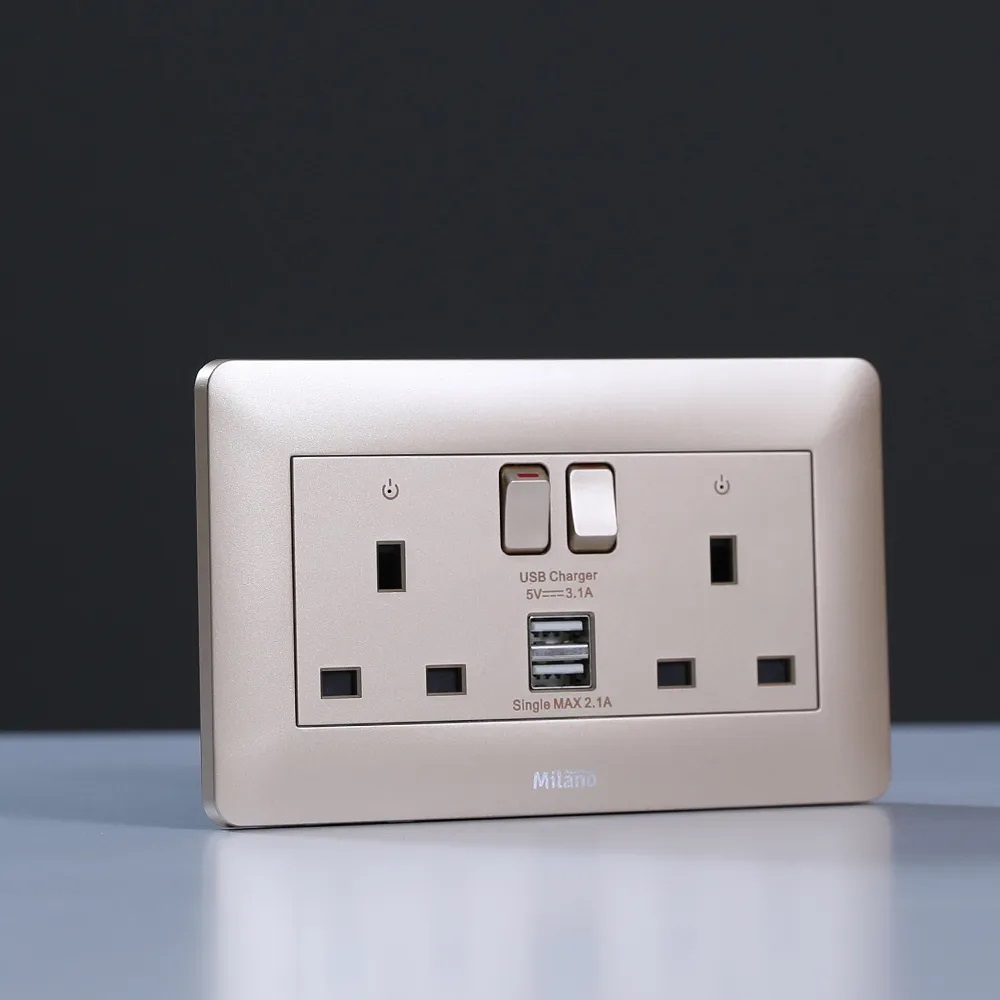 MILANO 13A TWIN SWITCHED SOCKET  NEON WITH USB GD