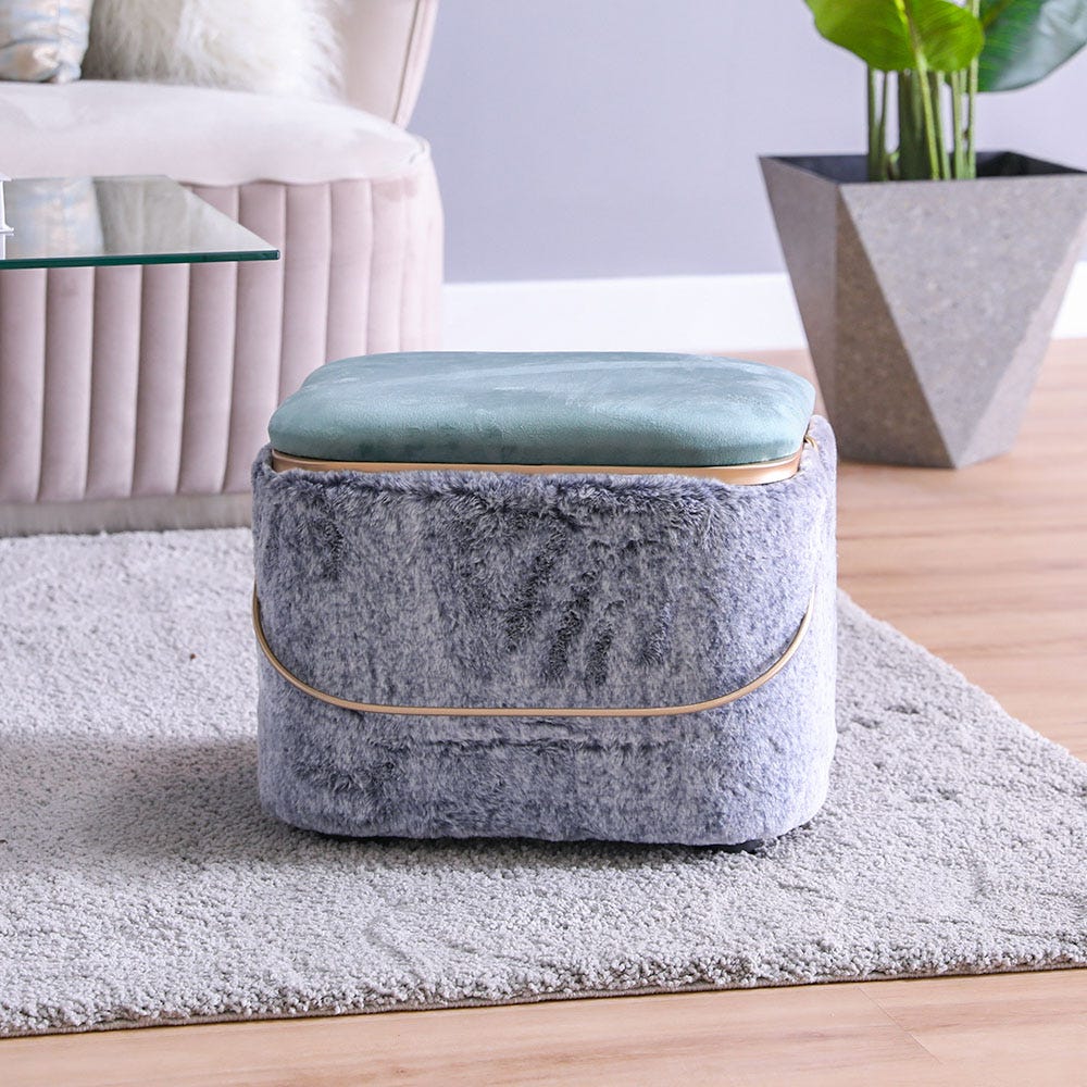 Santi Fur Pouf with Iron handle_Blue